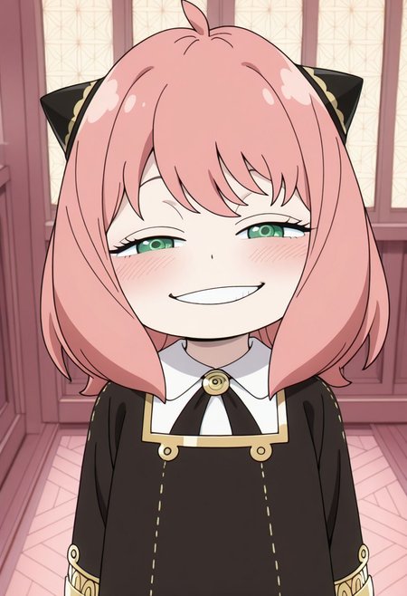 masterpiece,best quality,amazing quality, anya forger, pink hair, female child, child, green eyes, medium hair, 1girl, solo, smile, looking at viewer, half-closed eyes, smug, grin, blush, indoors, black bow, school uniform, dress, black dress, bow, black bowtie, eden academy school uniform