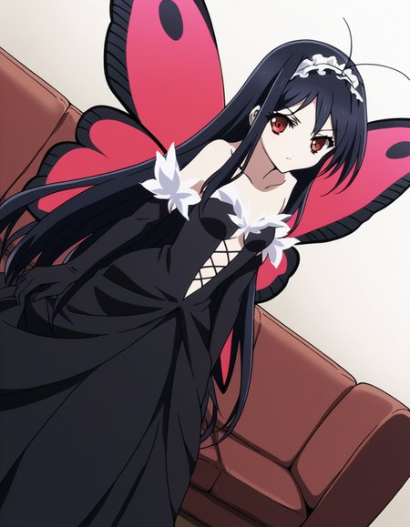 score_9, score_8_up, score_7_up, source_anime, <lora:accelworld-kuroyukihime-s1-ponyxl-lora-nochekaiser:1>, kuroyukihime, long hair, black hair, red eyes, antenna hair,, gloves, dress, bare shoulders, hairband, wings, elbow gloves, butterfly wings, black dress, center opening, collarbone, long skirt, frills, headdress, black headdress,, living room, sofa, TV, coffee table, decor, , leaning forward,, looking at viewer, solo,, dutch angle, cowboy shot