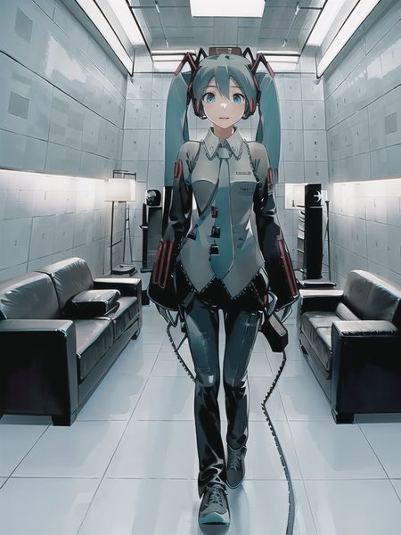 masterpiece, best quality, illustration, 
1girl, solo, (hatsune miku:1.4), hat, top hat, blue sweater, denim, black shoes, sneakers,  walking, 
VIS1,  indoors, tiles,  ceiling, couch, tile wall,