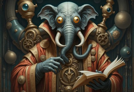 An alien scholar adorned in ornate, arcane robes, their face hidden beneath a cluster of golden eyes and a mask resembling an elephantine proboscis. The robes are embroidered with celestial symbols, gears, and scroll holders. On their back, arcane instruments and mystic relics in brass and obsidian float or are attached like a traveling alchemist’s arsenal. The figure holds ancient scrolls and is surrounded by ritual objects and magical mechanisms. Style is richly decorated, deep shadows, antiquarian and occult themes. OBxiaoxiang