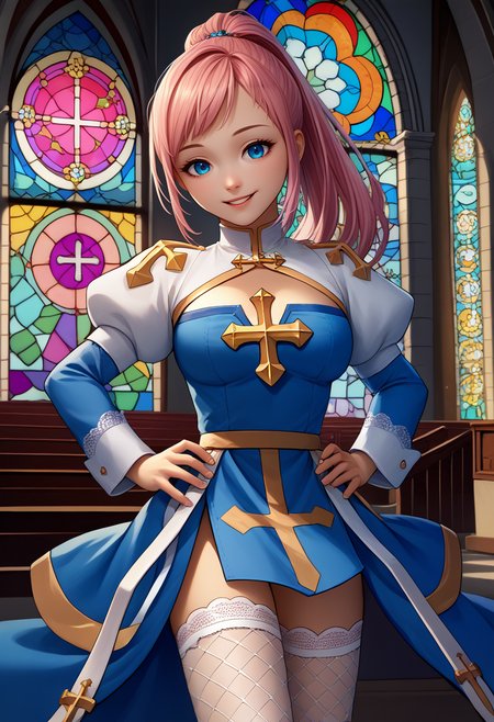 score_9, score_8_up, score_7_up, source_anime, solo, 1girl, feliciarnd, happy, looking at viewer, hands on own hips, pink hair, ponytail, blue eyes, ragnarokarch, two-tone dress, blue dress, cross, cleavage cutout, puffy sleeves, long sleeves, white thighhighs, fishnet thighhighs, indoors, church, stained glass <lora:attire_ro_archbishop_ponyXL:1> <lora:felicia-fe-richy-v1_xl:0.9>