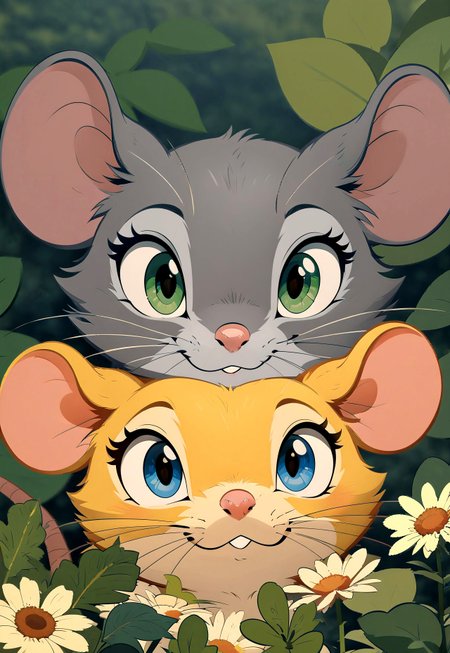 score_9, score_8_up, score_7_up, score_6_up, score_5_up, score_4_up, animalclose-up, in the style of beatrix potter, flat color, j_cartoon, (((mouse))), mouse and mouse, (cartoon style), (cute:1.5), close up, duo, looking at viewer, flowers, female, smile, happy, vector art, masterpiece, hi-res, 
BREAK
(yellow fur, blue eyes), 
BREAK
(grey fur, green eyes),