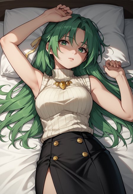 score_9, score_7_up,  1girl,  <lora:Shion renew :1> shi, green hair, long hair, green eyes, hair ribbon, white turtleneck sweater, black pencil skirt, brooch, sleeveless, on back, bed,