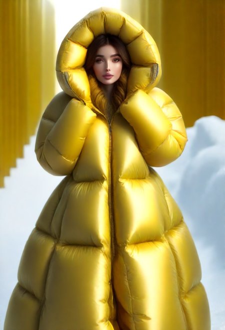 full body shot of one front cute, sweet woman, [person:0.75], radiating elegance and beauty. She is dressed in a yellow ((hooded up floor length very puffer strait closed downcoat)). ((High Yoked)). The lighting is mid, highlighting her features . Cinematic lighting, very cold, high resolution, winter fashion, realistic shading, , artstation, masterpiece. hd and high detailed clothing. down clothes by parkasite. sweetest, cutest. (bokeh)