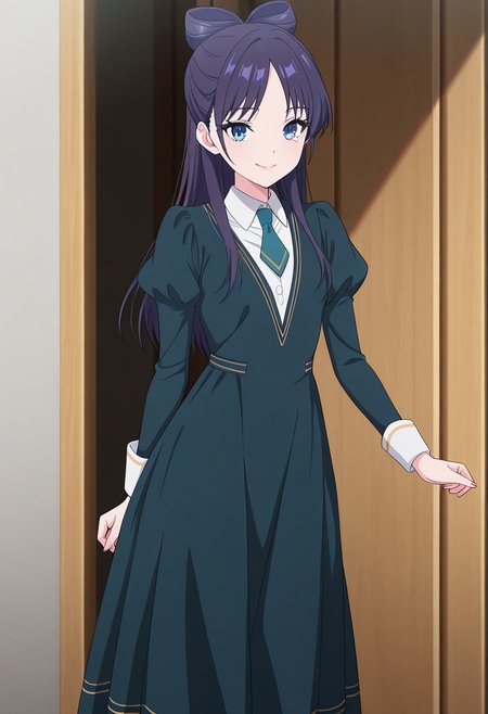 (absurdres, best quality, masterpiece:1.4), amazing quality, highres, newest, detailed, detailed body, detailed face, source anime, anime coloring, beautiful, petite, 
BREAK
WWNemu, 1girl, solo, standing, smile, NemuAniHu, dark purple hair, bow-shaped hair, parted bangs, half updo, blue eyes,  v-neck dress, white inner collared shirt, Short necktie, juliet sleeves, long skirt
