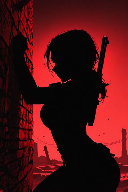 score_9,  masterpiece, best quality, amazing quality, very aesthetic, absurdres, newest, ultra-detailed, sharp focus, depth of field, dynamic composition, side view, cinematic shot, Lara Croft_\(tomb_raider\), 1girl, solo, cowboy shot, shooting a gun,  shooting bullet, action shot, dramatic pose, silhouette, ancient archeological ruins, red theme, red light scatter, suspenseful tension, poster aesthetics, dramatic shadows, c0mix, artist:moriimee