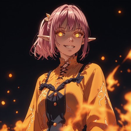 zPDXL3, score_9_up, score_8_up, score_7_up, (Anime_source), 1girl, standing, looking at viewer, smiling, Ariane, elf, pink hair, yellow eyes, ponytail, dressof ire, dress of fire, fire dress, glowing eyes, sinozick style, flat color, dark theme,