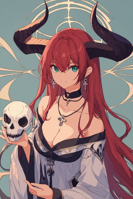 1girl,red hair,horns,long hair,solo,jewelry,earrings,halo,looking at viewer,skull,holding,holding skull,animal skull,smile,closed mouth,cleavage,green eyes,wide sleeves,breasts,choker,flower,bangs,long sleeves,upper body,hair between eyes,cross,aqua eyes,necklace,very long hair,black choker,score_8_up,<lora:ç¦è¶_XL_PONY:0.8>,