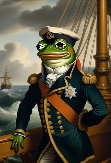 detailxl, high quality, intricate, painting of,
(frog, pepe_frog)
(as a british ship captain, standing),
(on a ship, sea background),
 (by Theodore Gericault:1.5)
