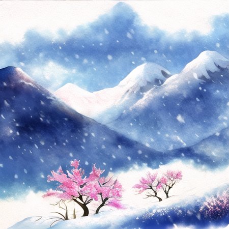 peach blossom, mountain, snow,