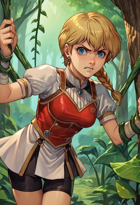 score_9, score_8_up, score_7_up, source_anime,
, (best quality) , (highly detailed) ,masterpiece ,absurdres ,detailed face ,beautiful face ,
<lora:pony_xl_Hildegard:0.8>,Hildegard,score_9,score_8_up,1girl,female,kawaii,solo,short hair,earrings blond hair
 armor, o-ring, short sleeves, gauntlet, skirt, bike shorts, asymmetrical legwear, greaves, red footwear, single braid, angry, looking at viewer, restrained, hanging, vines, carnivorous plant, outdoors, forest 
best quality, masterpiece, very aesthetic,
OverallDetail