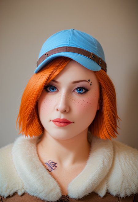 Portrait, score_9, score_8_up, score_7_up, score_6_up, score_5_up, score_4_up,
<lora:AlienorXL:0.8> AlienorXL, solo,
1girl, redhair, freckles, <lora:PerfectEyesXL:0.8> perfecteyes, blue eyes,  Eyebrow powder, Patterned Tights, Barbarian fur top, Costume Cap,Embossed Armor, Monroe piercing, Inside the ankle tattoo, 3Dimensional Tattoo, Elation expression, full random characters/pose/moovie poses, Light patterns in the background , Chiaroscuro lighting,Close up , Pastel Saturation, <lora:Photo 2 Style SDXL_LoRA_Pony Diffusion V6 XL:0.8> raw, photo, realistic,  <lora:add-detail-xl:1> <lora:EnvyBetterHiresFixXL01:1> <lora:RMSDXL_Creative:1> <lora:xl_more_art-full_v1:0.8>