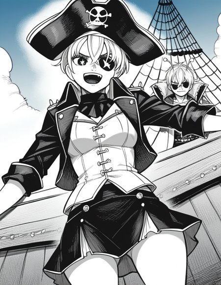 score_9, score_8_up, score_7_up, source_anime, <lora:vamola-manga-ponyxl-lora-nochekaiser:1>, vamola, short hair, bangs, hair between eyes, symbol-shaped pupils, antennae, star-shaped pupils, monochrome, greyscale, medium breasts,, <lora:pirate-costume-ponyxl-lora-nochekaiser:1>, pirate costume, pirate hat, skirt, gloves, jacket, shirt, eyepatch,, blue sky, sea, ocean, pirate ship, treasure, gold, smug, open mouth, from below, sitting,, , dutch angle, cowboy shot