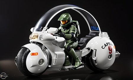 master chief driving large round motorcycle with a windshield, spherical, best quality, highly detailed, bokeh, <lora:cap9motosdxl:0.8>, black simple background, text "Capsule 9"