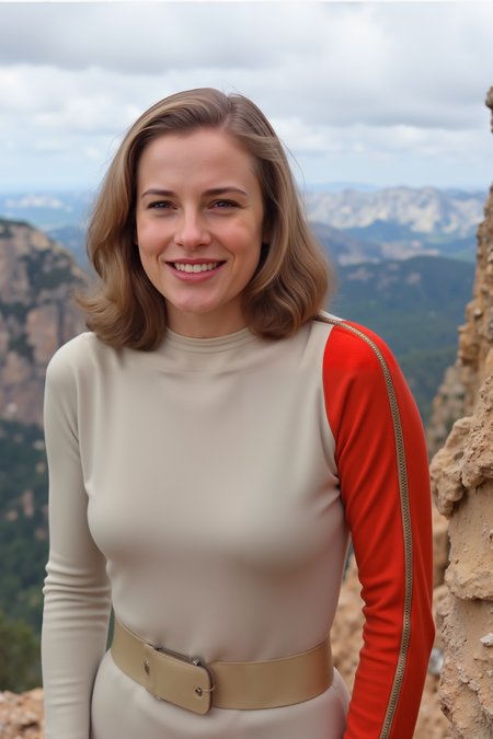 a smiling woma wearing beige s1999unf with right red sleeve and beige pants is standing on a cliff<lora:S1999_FLUX><lora:aidmaMJ6.1-FLUX-V0.1:0.6><lora:Movie_Portrait><lora:Flux DetailerV2>