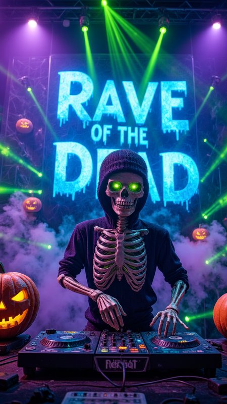 Skeleton DJ at a Haunted Rave: The skeleton DJ is spinning records on a glowing neon green and purple stage, surrounded by fog and lasers cutting through the air. The backdrop pulses with glowing spider webs and eerie pumpkins, and behind him, the words "Rave of the Dead" flicker in electric blue, perfectly in sync with the haunting beat  ,   , , aidmamjv7