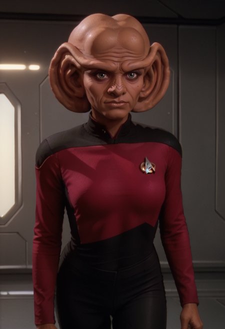 score_8_up, 1girl, ferengi, ferengi female, big ears, bald, , brow ridge, nose markings, looking at viewer,  dark skin,  sttng1, star trek, red uniform, black shoulders, black pants <lora:Ferengi-07:0.7>  <lora:STTNGponyStrong:1>