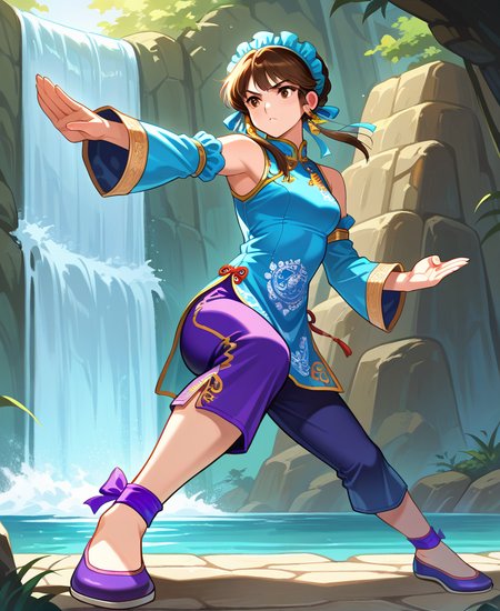 (masterpiece:1.3), (high quality:1.3),(1girl: xianghua-sc2,brown hair,short hair,brown eyes, long sidelocks,aqua headdress,mandarin collar,gold earrings,aqua china clothes,aqua detached sleeves,purple capri pants,purple ankle bow,purple shoes,kung fu, ),waterfall,  <lora:chai_xianghua:1>