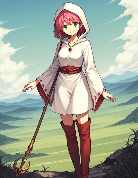score_9, score_8_up, score_7_up, source_anime,
lennacharlottetycoon, <lora:lenna-charlotte-tycoon-ponyxl-lora-nochekaiser:1>,
short hair, green eyes, pink hair,
whitemagelenna, red prints, jewelry, boots, hood, wide sleeves, necklace, thigh boots, staff, robe, white robe, white mage,
outdoors, landscape, smile,
looking at viewer, solo, cowboy shot, dutch angle,