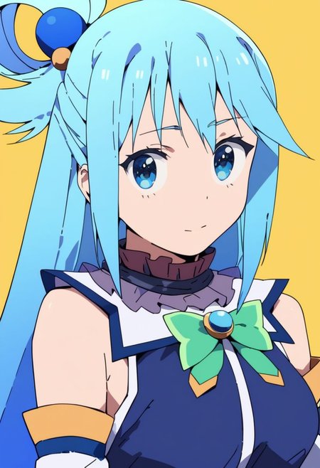 score_5_up,  score_6_up,  score_7_up,    
1girl, solo, upper body,  aqua \(konosuba\), long hair, blue eyes, hair ornament, very long hair, blue hair, hair rings, single hair ring, hair bobbles, skirt, shirt, thighhighs, bare shoulders, detached sleeves, white thighhighs, blue skirt, blue shirt, green bow, yellow background, simple background, medium breasts, cleavage,