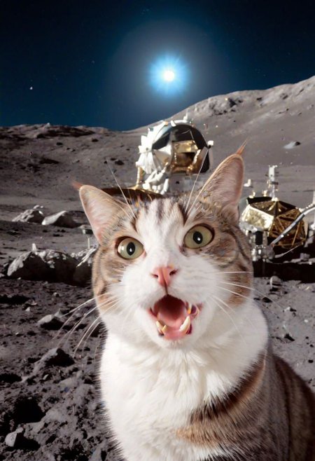 ASCII,masterpiece, hyper detailed, 8k, ray tracing, ultra sharp,
cinematic film still anime artwork,  cfb ,close up of a surprised and shocked cat foreground, a mission apollo on the moon background, vibrant, highly detailed,  shallow depth of field,,cinemascope, moody, epic, gorgeous, film grain, grainy,meme,parody,deep black sky,apollo_style