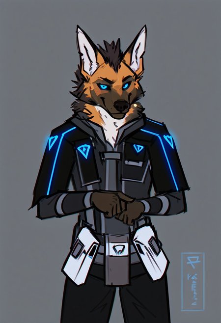 score_9, score_8_up, score_7_up, score_6_up, ((masterpiece)), (maned wolf, male), eyebrows, under-eye markings, face markings, sideburns, goatee, stern appearance, solo, anthro, perfectly rendered face, ((correct eyes)), dark grey background, interior, sci-fi, computers in background,  silhouette, outline, solo focus, vignette, dim lighting, side lighting, pointing, looking left, smirk, edgy expression, (head tilt), portrait, standing, skinny, clothed, kemono, eastern clothing, dark clothing, dark hair, black sclera, blue eyes, black mohawk mane, face piercings, ear piercings, wintertide, blue insignia, glowing eyes, shoulderpad, armor, straps, buckles, pouches, zPDXL3