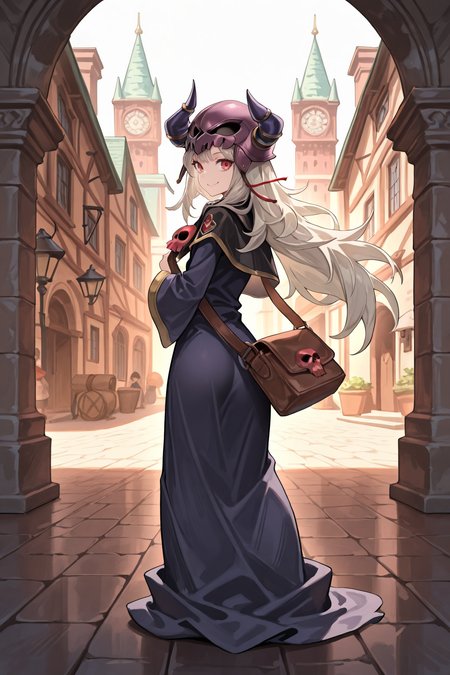 masterpiece, very aesthetic, absurdres, best quality, amazing quality, high resolution, <lora:illustrious_quality_modifiers_masterpieces_v1:0.8> , <lora:ChamIllustriousBackgroundEnhancer:0.5>,  solo, <lora:NecromancerIL:0.8> , necdef, 1boy, red eyes, long hair, grey hair, skull, horned helmet, horns, fake horns, skull brooch, black capelet, robe, long sleeves, bag, full body, from behind, looking back, looking at viewer, smile, academy, medieval, wizard towers, exterior,