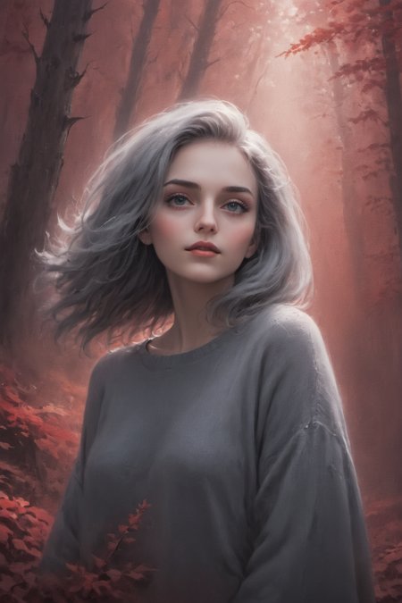 cosmic canvas,  red forest background, painting of a beautiful woman,Sweater_, long asymmetrical hair, Steel gray hair, <lora:Cosmic_Canvas_SDXL:1>