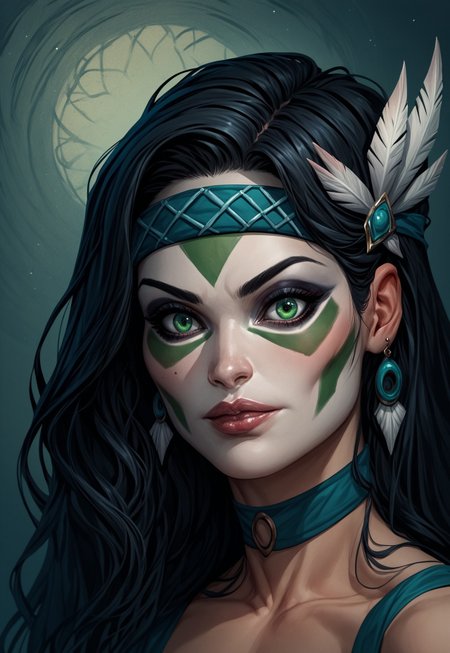 PonyXLV6_Scores ,  SUP3RH3R0 Style, 1girl, solo, headband, makeup, black hair, green eyes, geisha makeup, white face paint, lipstick, portrait, lips, choker, long hair, looking at viewer, hair ornament, comic art style