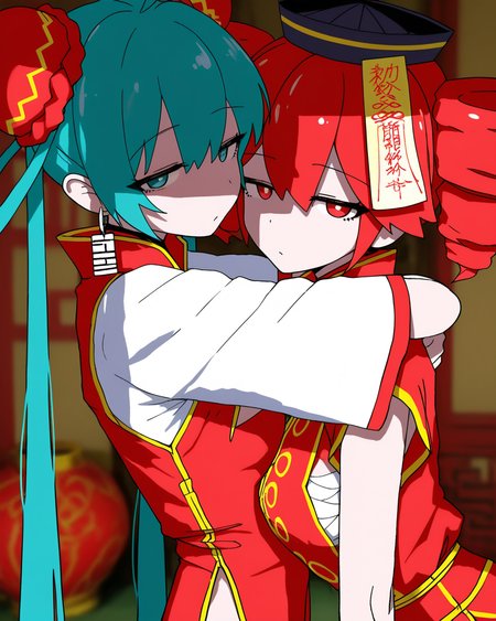 best quality, highres, masterpiece, very awa, newest, 2024,indoors, shade,  realistic,  blurry background,
2girls, chinamiku, hatsune miku, half-closed eyes, chinese clothes, red dress, cleavage cutout, large breasts,
chinateto, kasane teto, black hat, ofuda, red vest, white shirt,  hip vent, from side, looking at viewer, hug, side slit,
<lora:odochina-000010:.8> 
 <lora:745cmSDXLvpred75S:1> 748cmstyle