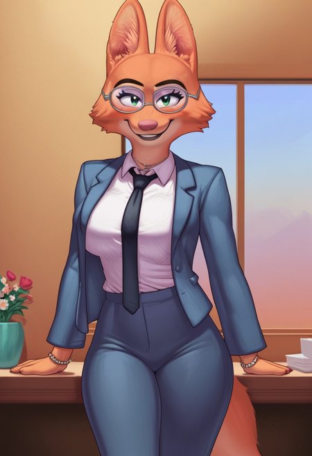 zPDXL, score_9,score_8_up,score_7_up,_up,source_cartoon, best quality, amazing quality, masterpiece, 1girl, looking at viewer, solo, fullbody, cute, blush, smile, <lora:DianeFoxington:0.8>, diane foxington, green eyes, orange fur, fox girl, fox tail, jewelry, bracelet, formal, white shirt, collared shirt, jewelry, glasses, suit, jacket, long sleeves, black necktie, pants, clevage, office, flower, table, contour_deepening,depth of field,looking at viewer,huge filesize,wallpaper, (flat color), huge breasts, meesh, <lora:Meesh:1>