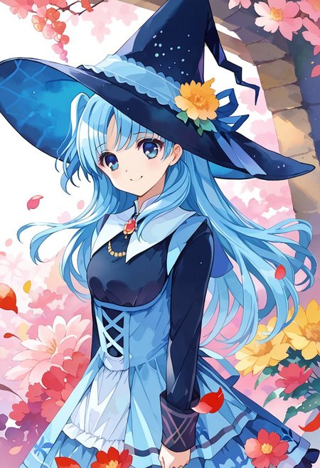 score_9, score_8_up, score_7_up, source_anime,
 <lora:ue_pony_v1:1> ueue, watercolor \(medium\), phantasy, blurry, 
 1girl, solo, happy, smile, standing, looking at viewer, light blue hair, long hair, two side up, blue eyes,  dress, long sleeves,  skirt,  large hat,  witch hat, jewelry, brooch,  floral background, petals, backlighting,