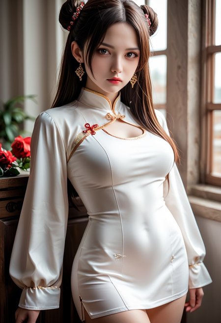 lazypos,masterpiece,ultra-HD,photorealistic,high detail,best quality,very aesthetic,8k,best quality,sharp focus,realistic,three quarter face shot,depth of field,shallow depth of field. 1girl,cowboy_shot,looking at,
viewer,lipstick, makeup, 
solo,dress,hair_ornament,long_hair,black_hair,jewelry,white_dress,earrings,expressionless,hair_bun,closed_mouth,chinese_clothes,blue_dress,long_sleeves,brown_hair,medium breasts,thighs,<lora:0  sdxl_lightning_4step_lora:0.7>,<lora:0  cfg_scale_boost:0.7>,<lora:1 xm a½æ¼« pony-c°cµa§¬ee¡£æ³ac_v1.0:0.7>