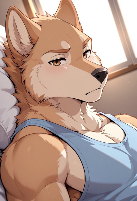 <lora:YuuichiV5:0.8>, solo, yuuichi, male, toned male, brown eyes, blue tank top, face focus, portrait, upper body, dynamic angle, masterpiece, 4K, separate focus, best quality, amazing quality, very aesthetic, high resolution, chromatic aberration, dynamic lighting, extremely-detailed, depth of field, newest, scenery, detailed fur, detailed muscles, furry