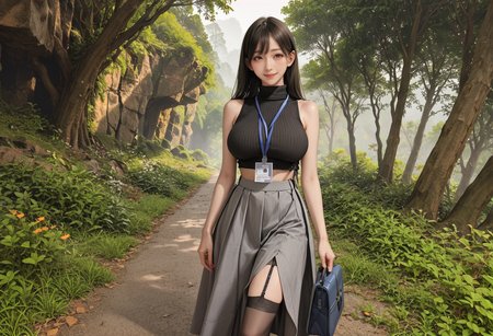 ,ruanyi0910,forest,outdoors,,ruanyi0897,black thighhighs,garter straps,turtleneck,id card,lanyard,grey skirt,crop top,black sleeveless sweater,long skirt,<lora:0910 forest_v1_pony:0.7>,<lora:0897 Home wear 3_v1_pony:0.7>, score_9, score_8_up, score_7_up, score_6_up, score_9, score_8_up, score_7_up, score_6_up source_anime, blush, 1girl, seduce smile, perfect body , natural huge breasts