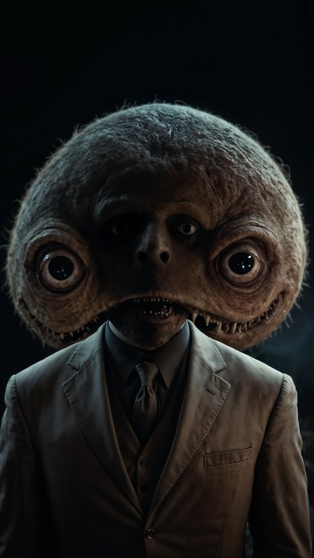 Creepy elegant nightmare man, serious expression, his head scary and monstrous, nightmare atmosphere, surreal, absurde, creepy creatures, dark night blackground