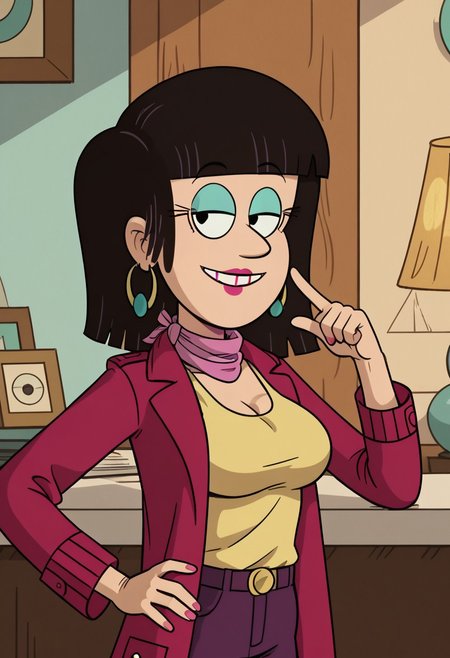 ((room background)),score_9, score_8_up, score_7_up,score_6_up, 
1girl, solo, Mrs.Bernard_TLH, light skin, black hair, turquoise eyeshadow, eyelashes, black eyes, shoulder long hair, fuchsia lips, golden circular, pink scarf, yellow tank top, fuchsia plum coat, purple pants, black flat shoes, tall, social smile, perfect eyes, perfect smile, looking at the viewer, detailed eyes, perfect eyes, standing, big breasts (front pose, bust shot) five fingers, perfect hands, (hands on waist:1)