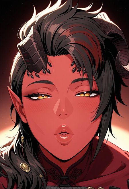 pov, incoming kiss, looking at viewer, puckered lips, thick lips, parted lips, half-closed eyes
masterpiece, best quality, absurdres, highres,
<lora:ILBGKarlach:1.0>
BGKarlach, 1girl, demon horns, black hair, long hair, red skin, detailed eyes, detailed lips, luscious lips, glossy lips, looking at viewer, portrait