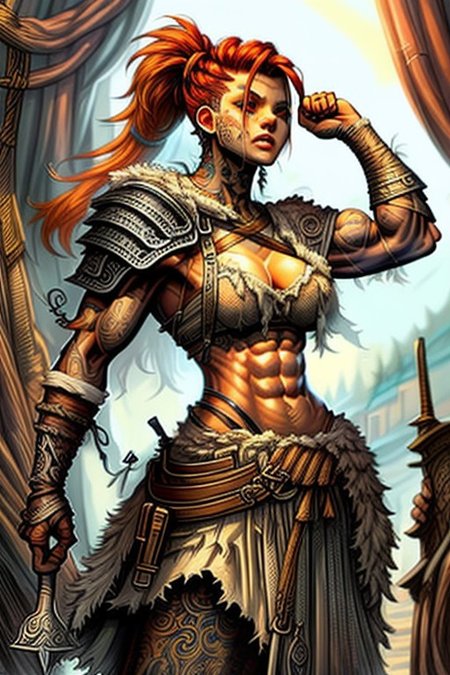 score_9, score_8_up, score_7_up, ng_deepnegative_v1_75t, 1girl, solo, BarbarianT, muscular female,large biceps, large traps, abs,  barar, bodybuilding, s3m1sh4v3d, FanFo, green eyes, red hair, shaved sides, braided ponytail, fantasy armor, leather bracelets, ornate armor, fur trim, cloak, broadsword, holding broadsword, weapon broadsword, forest, exposed breasts, exposed arms, exposed midriff, tribal tattoos, facial scars, detailed eyes, detailed armor, detailed hair, intense expression, grim expression,