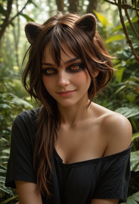 score_9_up, score_8_up, score_7_up, score_6_up, 1girl, 25 years old, perfect face, (adult), sexy,
animal ears, (raccoon), (raccoon ears), (raccoon tail), (raccoon girl:1.3), 
three quarter view, detailed face, portrait, face focus, depth of field, looking at viewer, blush, shy smile,
orange eyes, (eyeshadow),  
brown hair, low ponytail, sidelocks, messy hair,
off-shoulder shirt, black shirt,
jungle, forest,