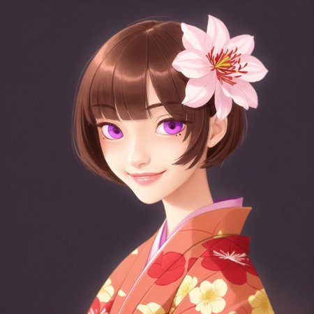 <lora:mayonoseart:1>,  mayonoseart, 


 1girl, bangs, brown hair, crossed legs, flower, grin, hair ornament, hair over one eye, highres, holding, japanese clothes, kimono, looking at viewer, mole, mole under eye, red flower, rita rossweisse \(umbral rose\), short hair, smile, solo, spider lily, teeth, violet eyes