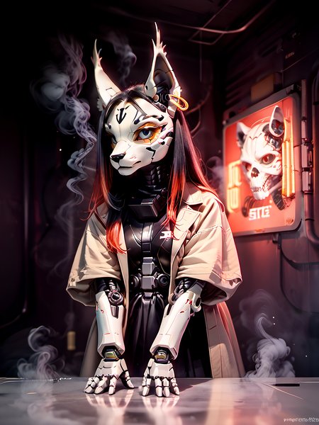 score_9, epic-Ultra-HD-details, epic-Ultra-HD-highlights, photo-same-realistic upscaled-resolution, source_pony, ultra-realistic, photo-quality, furry-characteristics, source_furry, 1girl, female, solo, miyu, furry, space  pilot suit, ,beige trench coat,  serious,  looking at you, walking, side view, raining, noir film, neon lights,  43stl1ght1ng,  low light, darkness, dramatic lighting, eye lighting, black room:1.2, smoke, <lora:43stl1ght1ngXLP2:1>  <lora:Miyu_Swift_v2:.8>, Vintage, 1990s \(style\),  <lora:OldAnimeStyle_XL_v3:.6>,  cyberpunk,  science fiction, robot, mecha, mechanical parts, cyborg, spine, mechanical,  full body, <lora:BioPunky:.6>, ZPDXL