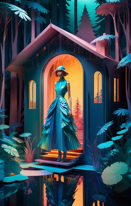 Stacked papercut art of (Runway fashion:1.4), Art Deco aesthetic, a cozy cabin nestled in a bioluminescent forest., iridescent colors, stunning background. warm and bright sunlight, a mesmerizing blend of light and shadow. masterpiece, absurdres, intricate details <lora:Runway_Fashion_XL:1.0>, 3D, layered, dimensional, depth, precision cut, stacked layers, papercut, high contrast