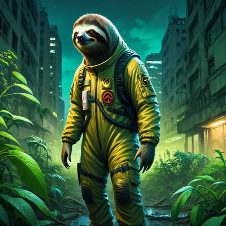 concept art <lora:sl0th-000007:0.7> , sloth wearing  biohazard suit,   overgrown post apocalyptic deserted city at night, digital artwork, illustrative, painterly, matte painting, highly detailed
