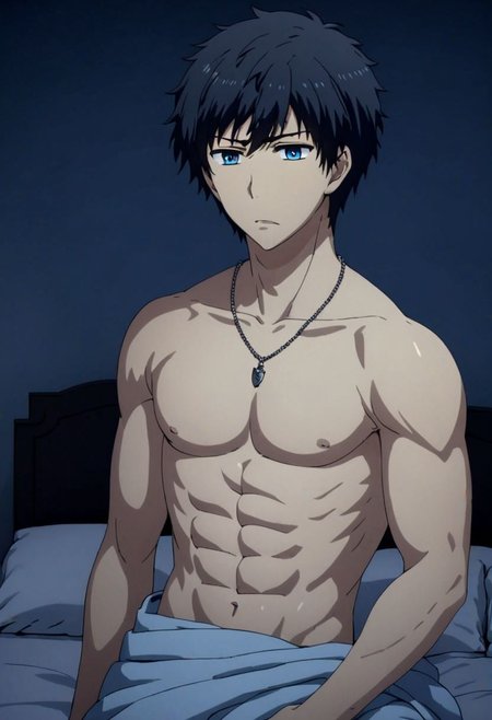 high resolution, solo, best quality, 1Boy, Arata Kaizaki, Black Hair, Blue Eyes, bedroom, dimly lit, pillow, blanket, necklace, upper body quarter, shirtless, sixpack, horny, OverallDetail