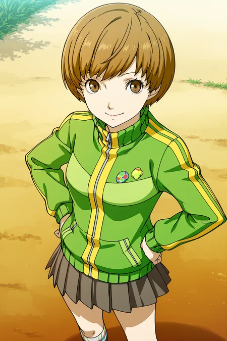 <lora:StS-Illustrious-Detail-Slider-v1.0:4>
girl is 18 years old,
outdoors, 
 <lora:Persona_5_Royal_and_Strikers_2D_cutscene_art_style_Illustrious_V2:1>
 <lora:Chie_Satonaka_Persona_4:.7>
1girl, satonaka chie, solo, brown hair, track jacket, skirt, short hair, jacket, brown eyes, hands on own hips, standing, socks, button badge, cowboy shot, smile