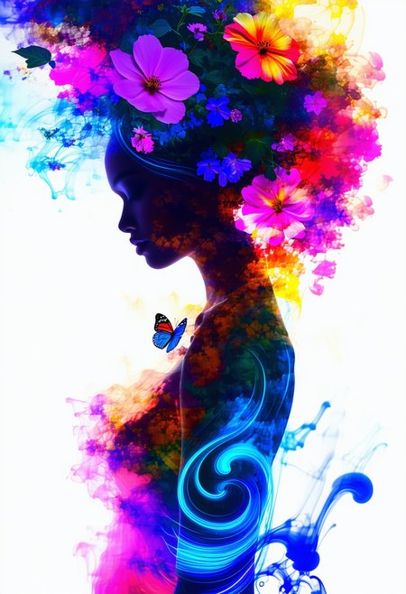 A surrealist illustration of a womans silhouette, full body, with swirls of bright multicolored blacklight ink swirling around her in beautiful colors. flowers in her hair 