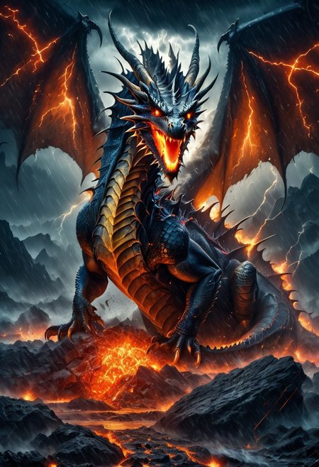 The image is a digital illustration of a dragon in a dark and stormy landscape. The dragon is in the center of the image with its wings spread wide and its mouth open wide revealing sharp teeth and sharp claws. Its body is covered in scales and its head is covered with spikes and spikes giving it a fierce and powerful appearance. The background is filled with dark clouds and lightning bolts creating a dramatic and ominous atmosphere. The ground is covered at night with rocks and lava scattered around and there is a hint of fire burning in the foreground. The overall color palette is dark and ominous with a mix of red orange and yellow hues. The image conveys a sense of power and strength. Hyperdetailed.