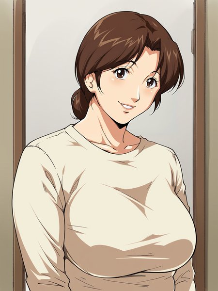 <lora:Junk_Center_Kameyoko_Bldg-mitsuko_shindo:0.8>,mitsuko,1girl,solo,brown hair,mature female,brown eyes,breasts,shirt,upper body,looking at viewer,smile,indoors