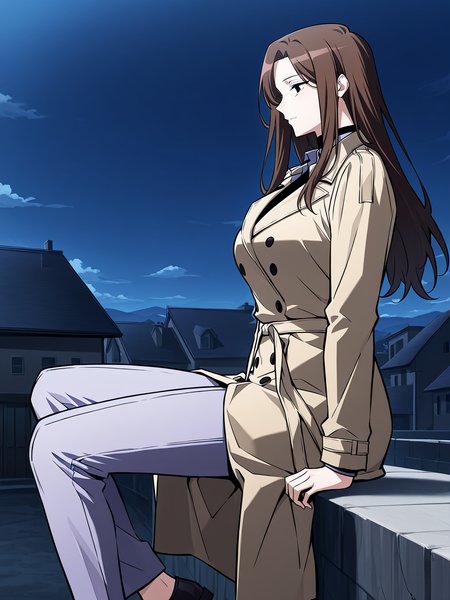 <lora:Omniscient_Readers_Viewpoint__Lee_Sookyun:1>
1 girl, solo, long hair, brown hair, straight hair, center parted hair, black eyes, mature female, 
beige trench coat, long coat, double breasted coat, tied waist belt, black undershirt, navy dress shirt, lavender pants, white slip-on shoes,
score_9, score_8_up, score_7_up, score_6_up, source_anime, masterpiece, best quality, absurdres, highres, newest, anime coloring <break>  1girl, solo, sitting, on wall, from side, town, night sky, cloud